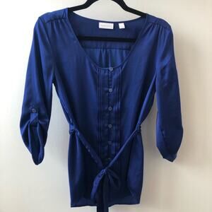 New York&Co Women's Cobalt Scoop Neck Belted Button Down Blouse Size XS